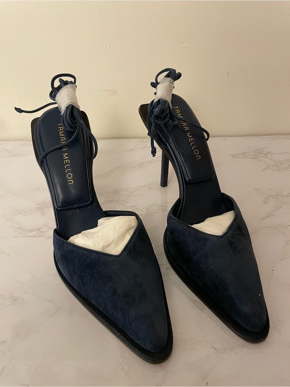 Tamara Mellon Navy Suede Pointed Toe Ankle Tie Stilettos